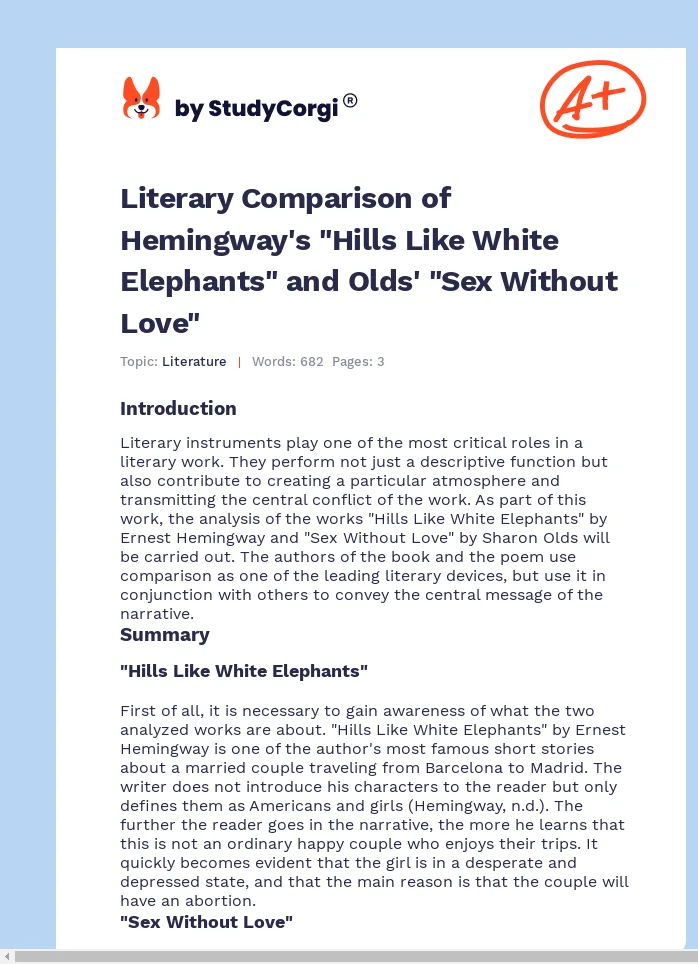 Literary Comparison of Hemingway's "Hills Like White Elephants" and Olds' "Sex Without Love". Page 1