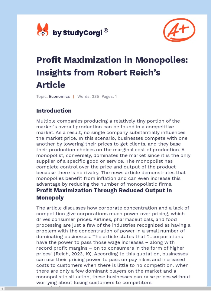 Profit Maximization in Monopolies: Insights from Robert Reich’s Article. Page 1