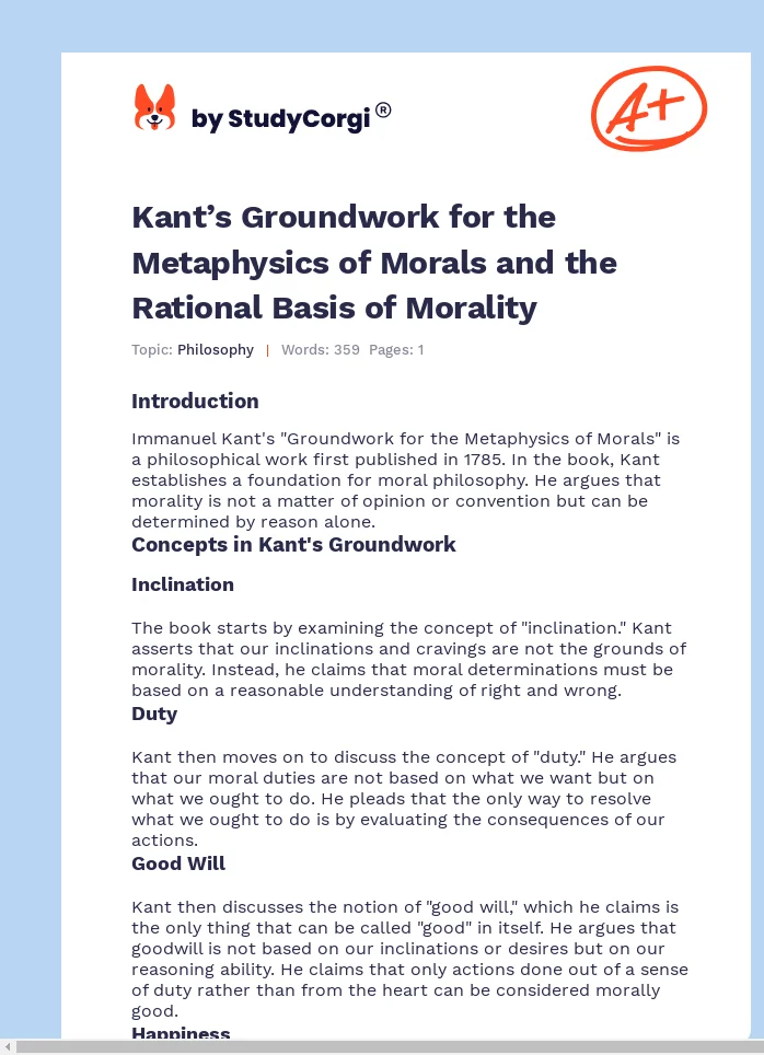 Kant’s Groundwork for the Metaphysics of Morals and the Rational Basis of Morality. Page 1