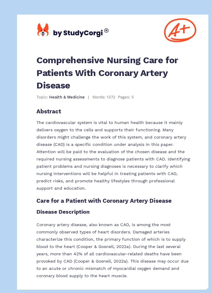 Comprehensive Nursing Care for Patients With Coronary Artery Disease. Page 1
