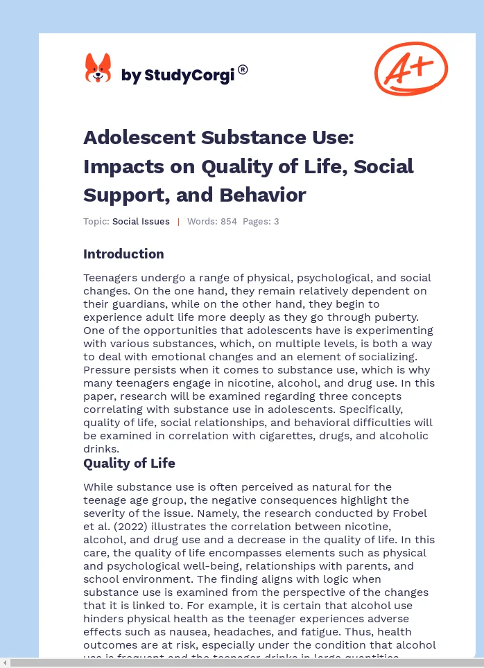 Adolescent Substance Use: Impacts on Quality of Life, Social Support, and Behavior. Page 1
