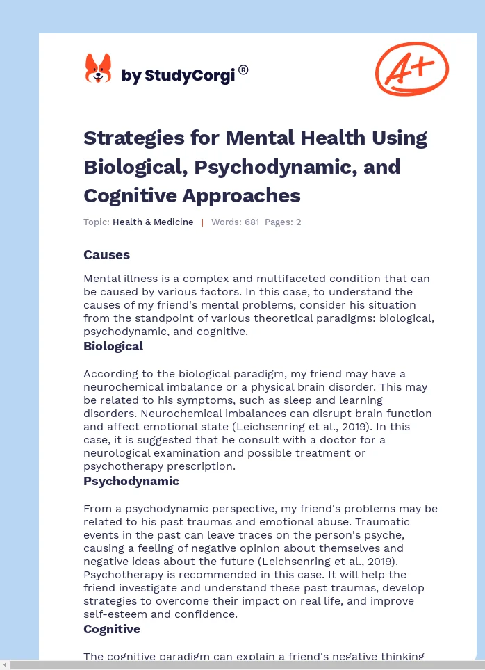 Strategies for Mental Health Using Biological, Psychodynamic, and Cognitive Approaches. Page 1