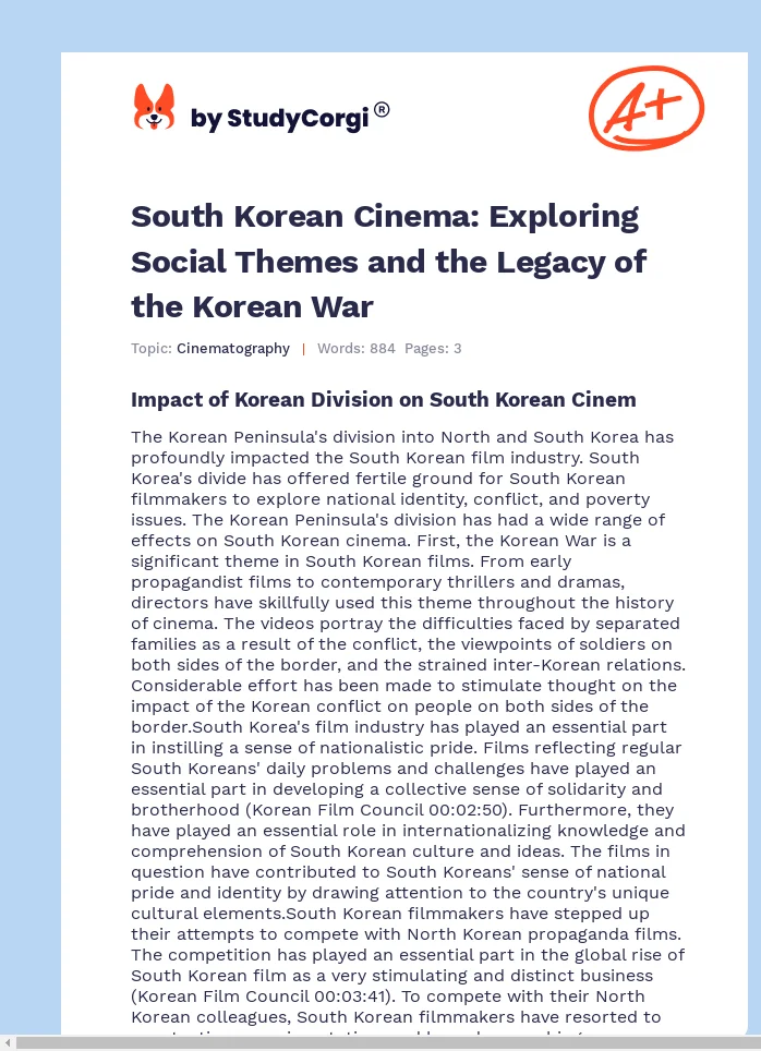 South Korean Cinema: Exploring Social Themes and the Legacy of the Korean War. Page 1