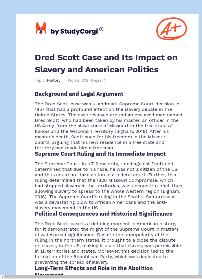 Dred Scott Case and Its Impact on Slavery and American Politics. Page 1