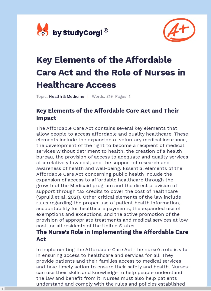 Key Elements of the Affordable Care Act and the Role of Nurses in Healthcare Access. Page 1
