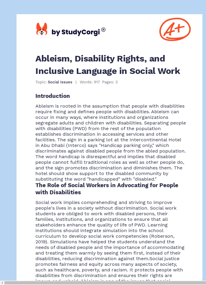 Ableism, Disability Rights, and Inclusive Language in Social Work. Page 1