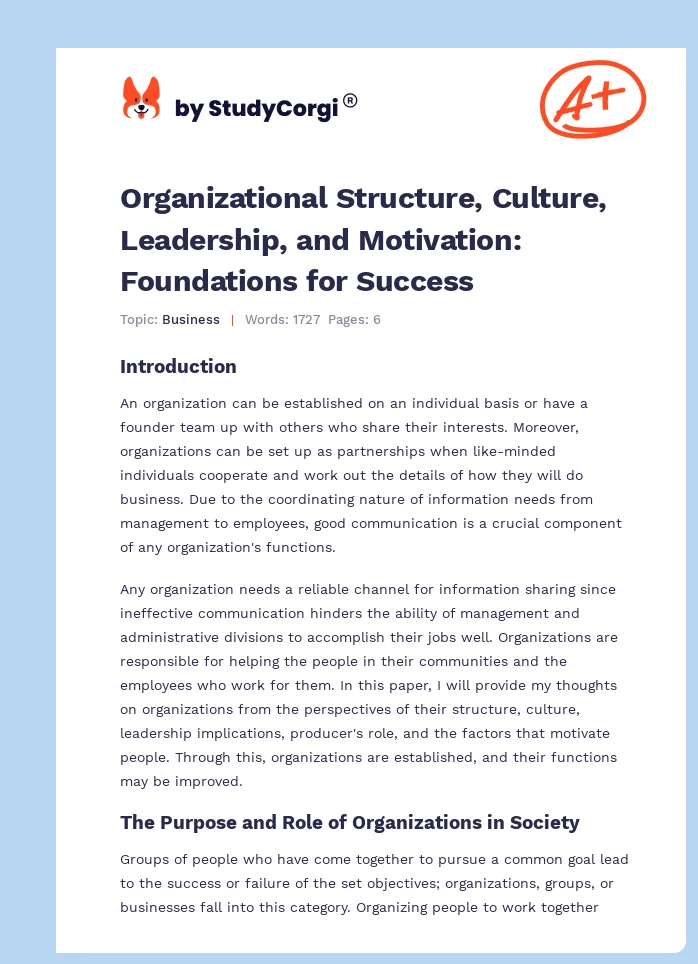 Organizational Structure, Culture, Leadership, and Motivation: Foundations for Success. Page 1