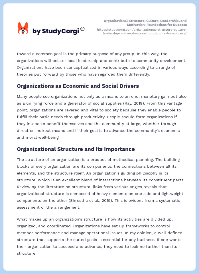 Organizational Structure, Culture, Leadership, and Motivation: Foundations for Success. Page 2