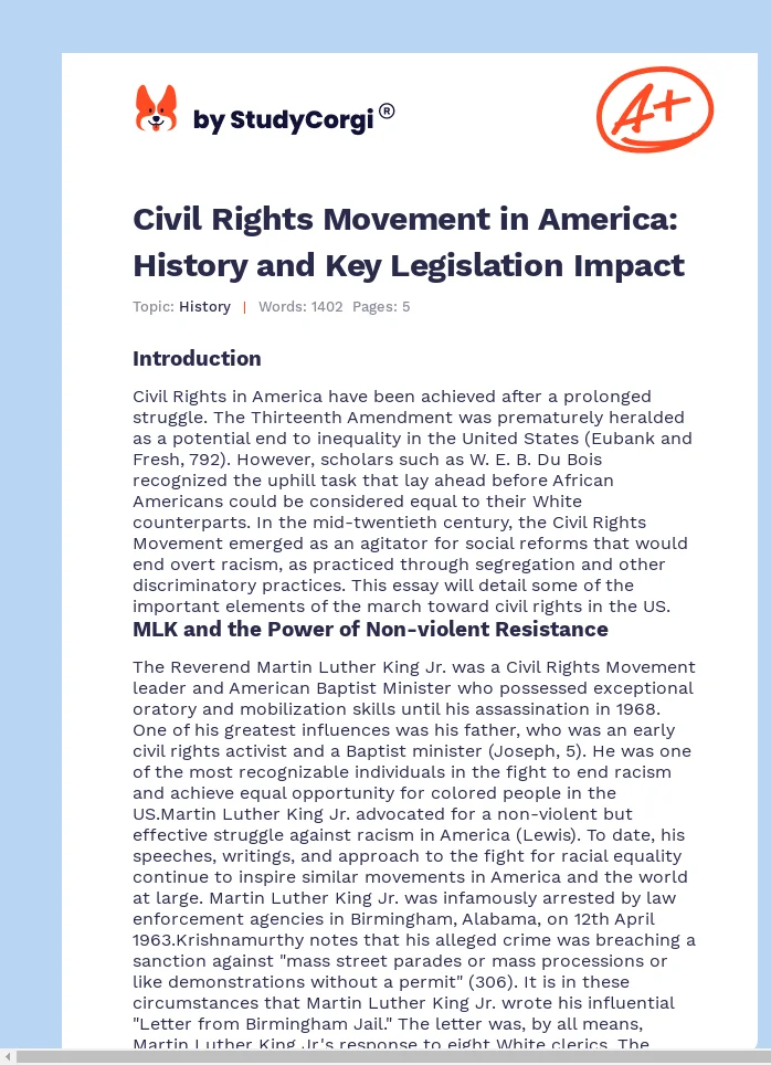 Civil Rights Movement in America: History and Key Legislation Impact. Page 1