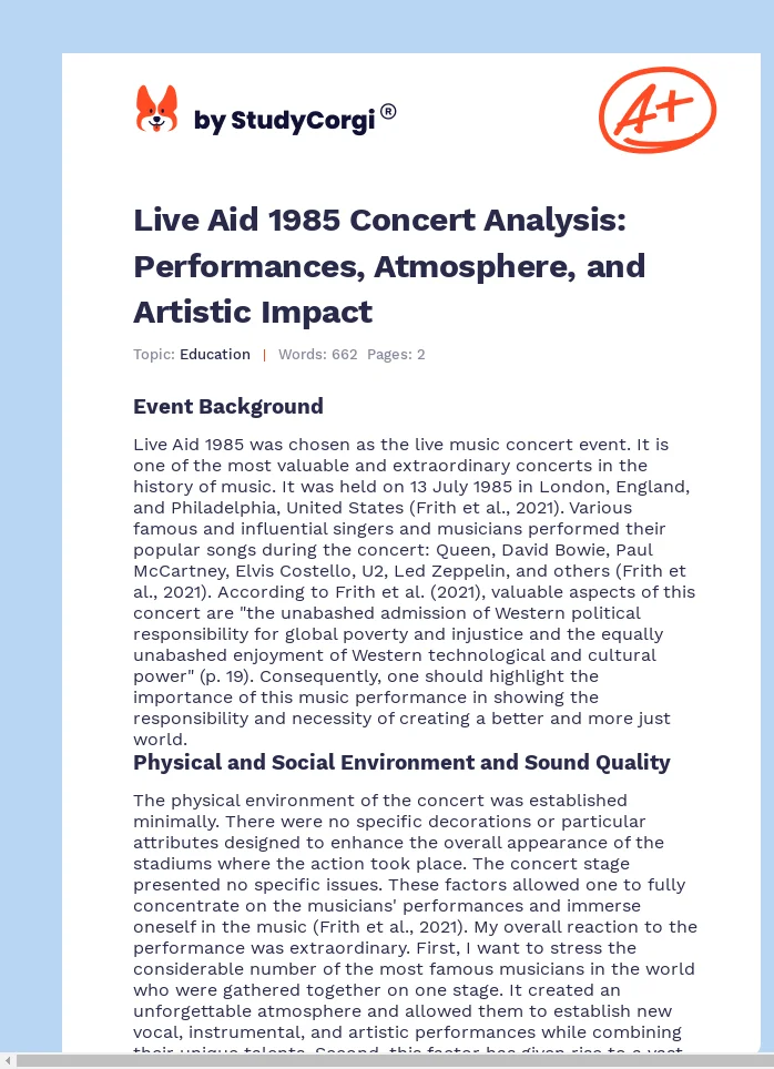 Live Aid 1985 Concert Analysis: Performances, Atmosphere, and Artistic Impact. Page 1