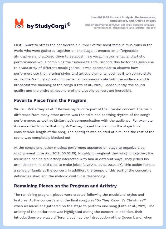 Live Aid 1985 Concert Analysis: Performances, Atmosphere, and Artistic Impact. Page 2