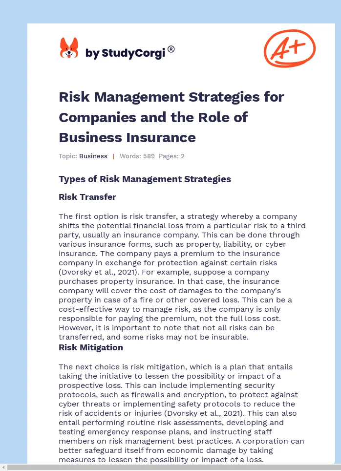 Risk Management Strategies for Companies and the Role of Business Insurance. Page 1