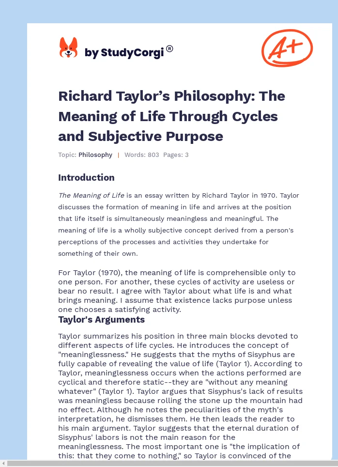 Richard Taylor’s Philosophy: The Meaning of Life Through Cycles and Subjective Purpose. Page 1