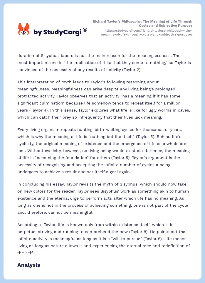 Richard Taylor’s Philosophy: The Meaning of Life Through Cycles and Subjective Purpose. Page 2