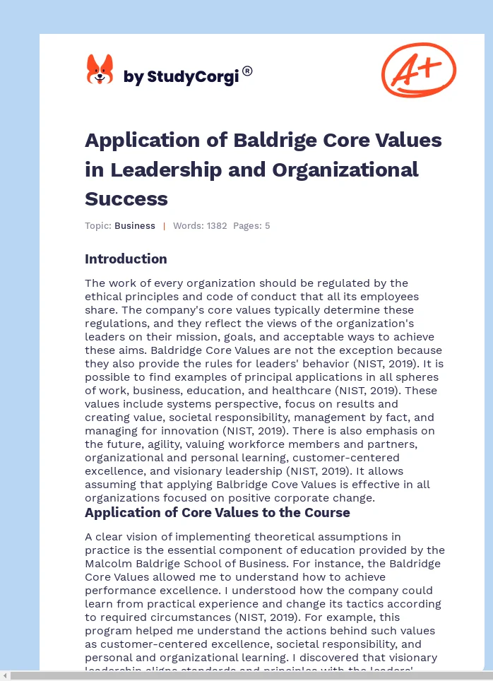 Application of Baldrige Core Values in Leadership and Organizational Success. Page 1