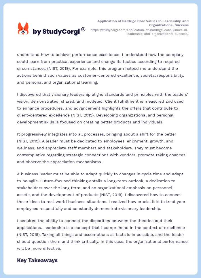 Application of Baldrige Core Values in Leadership and Organizational Success. Page 2