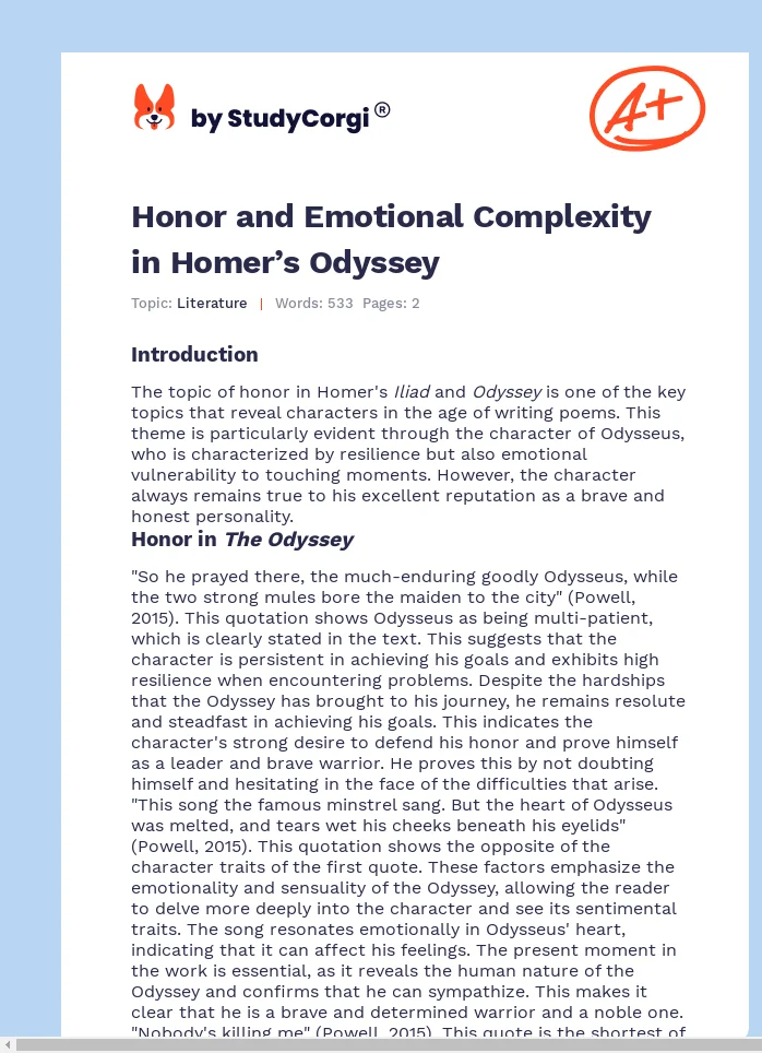 Honor and Emotional Complexity in Homer’s Odyssey. Page 1
