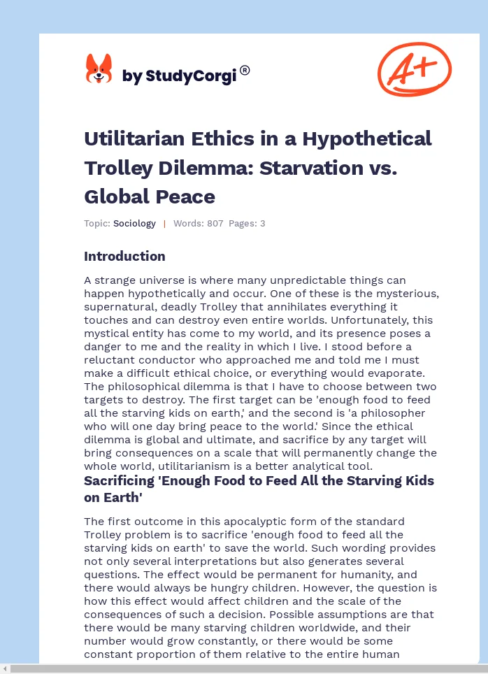 Utilitarian Ethics in a Hypothetical Trolley Dilemma: Starvation vs. Global Peace. Page 1