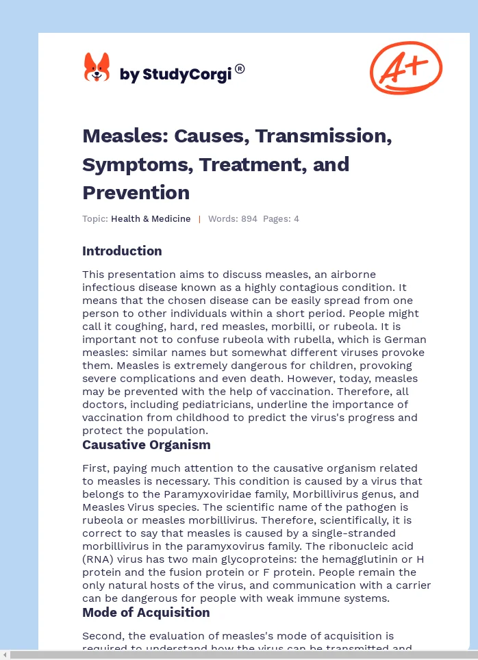 Measles: Causes, Transmission, Symptoms, Treatment, and Prevention. Page 1