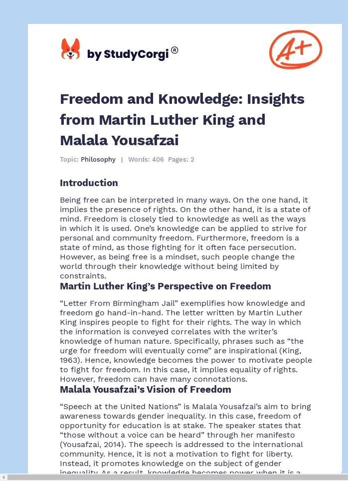 Freedom and Knowledge: Insights from Martin Luther King and Malala Yousafzai. Page 1