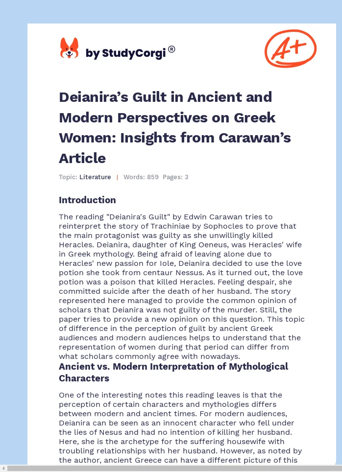 Deianira’s Guilt in Ancient and Modern Perspectives on Greek Women: Insights from Carawan’s Article. Page 1