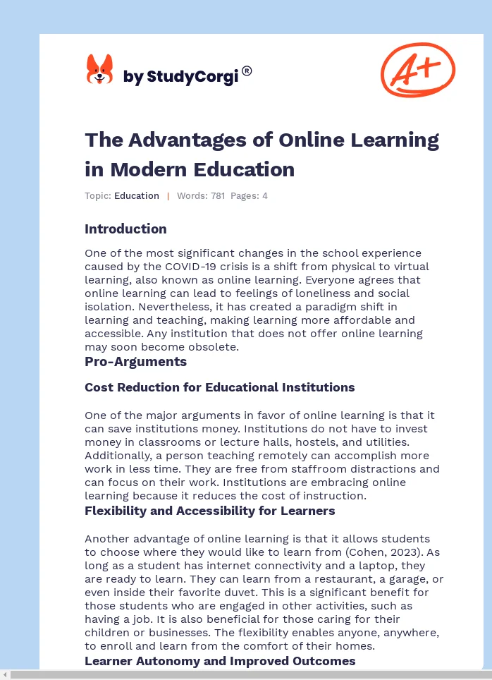 The Advantages of Online Learning in Modern Education. Page 1