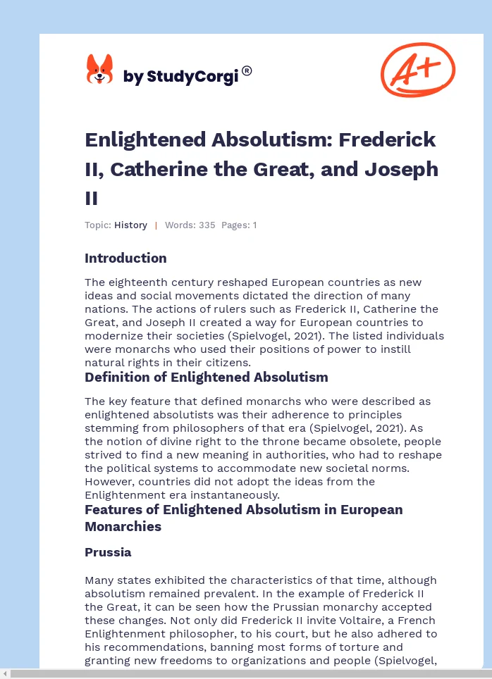 Enlightened Absolutism: Frederick II, Catherine the Great, and Joseph II. Page 1