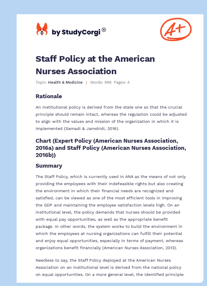 Staff Policy at the American Nurses Association. Page 1