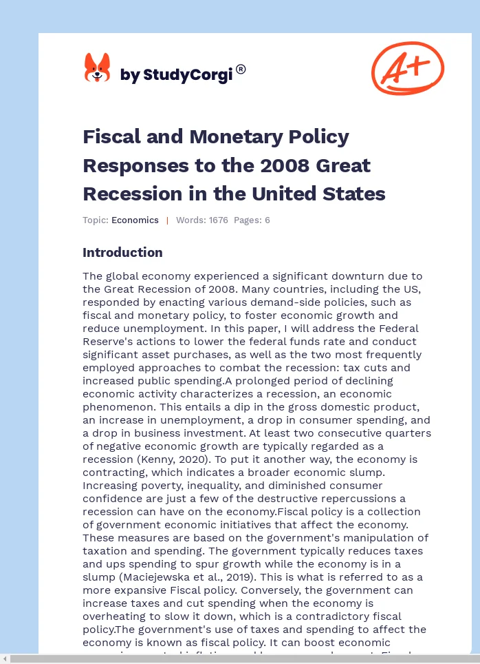 Fiscal and Monetary Policy Responses to the 2008 Great Recession in the United States. Page 1