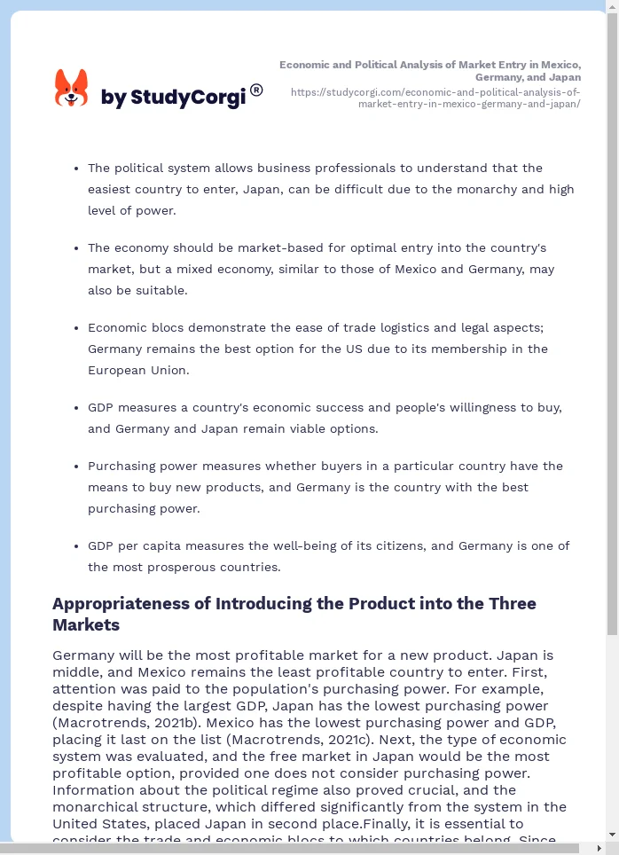 Economic and Political Analysis of Market Entry in Mexico, Germany, and Japan. Page 2