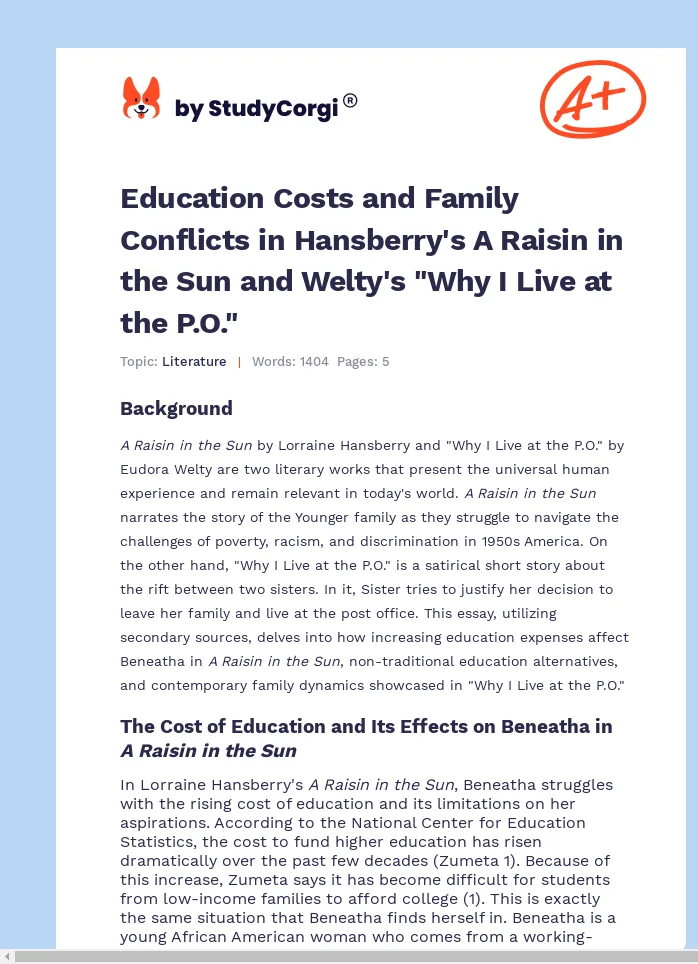 Education Costs and Family Conflicts in Hansberry's A Raisin in the Sun and Welty's "Why I Live at the P.O.". Page 1