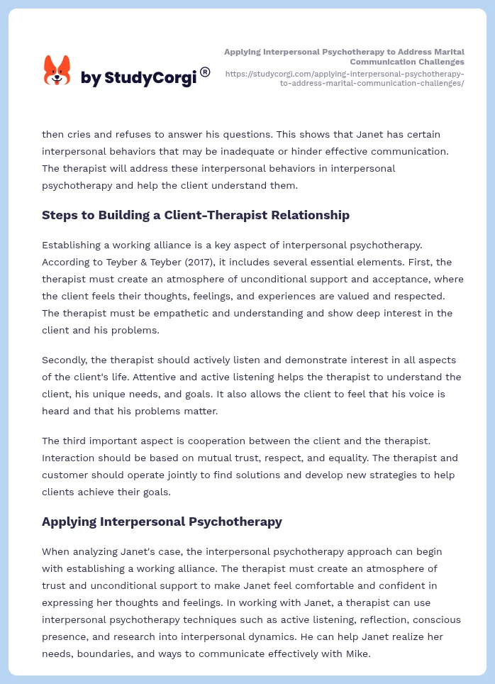 Applying Interpersonal Psychotherapy to Address Marital Communication Challenges. Page 2