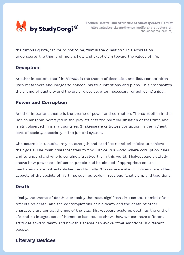 Themes, Motifs, and Structure of Shakespeare’s Hamlet. Page 2