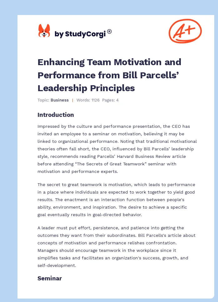 Enhancing Team Motivation and Performance from Bill Parcells’ Leadership Principles. Page 1