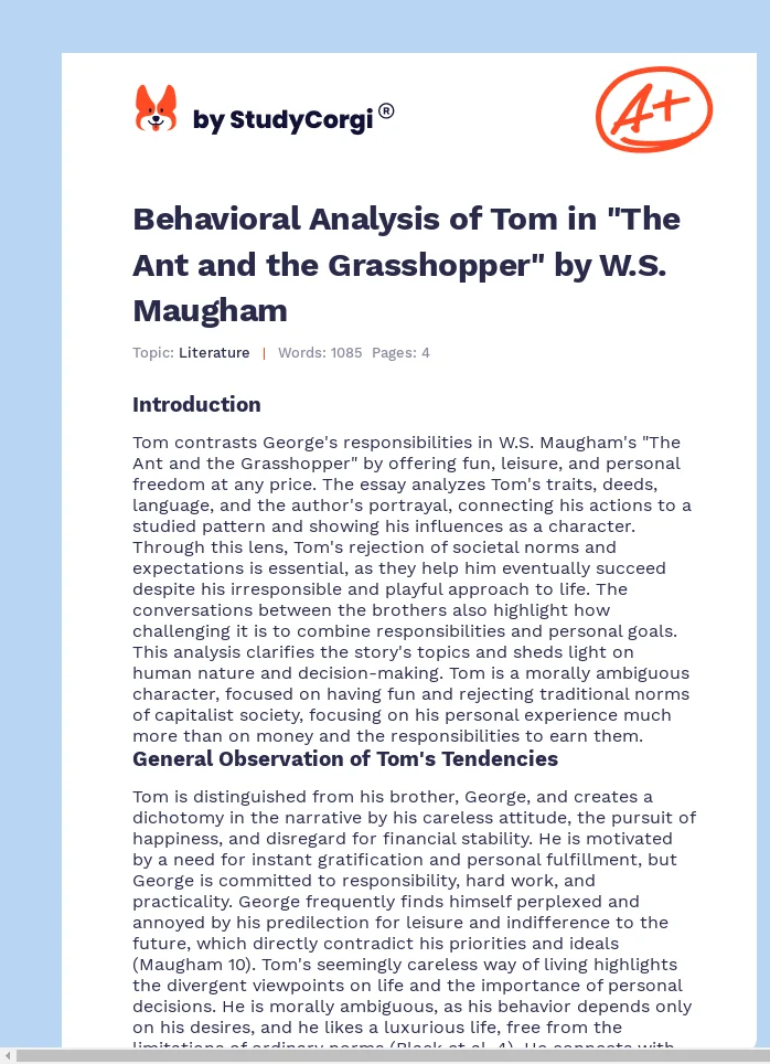 Behavioral Analysis of Tom in "The Ant and the Grasshopper" by W.S. Maugham. Page 1