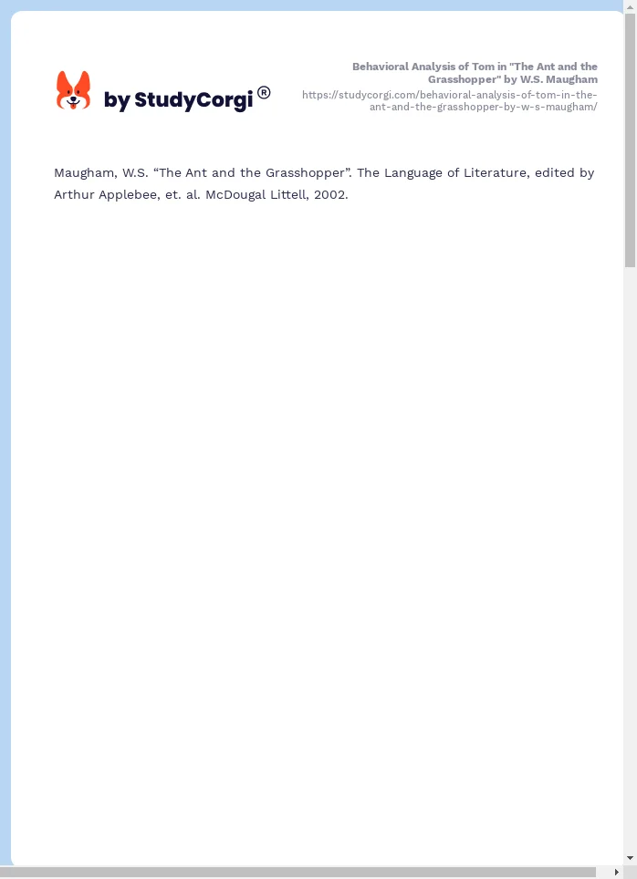 Behavioral Analysis of Tom in "The Ant and the Grasshopper" by W.S. Maugham. Page 2