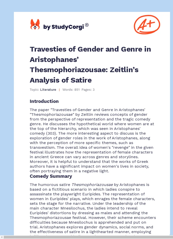 Travesties of Gender and Genre in Aristophanes’ Thesmophoriazousae: Zeitlin’s Analysis of Satire. Page 1