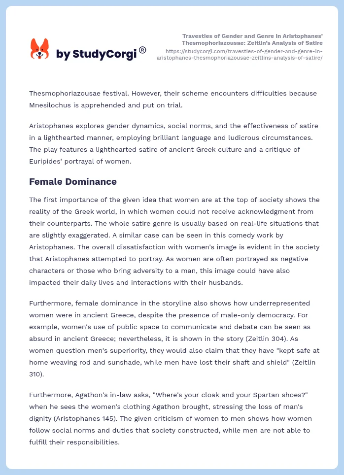 Travesties of Gender and Genre in Aristophanes’ Thesmophoriazousae: Zeitlin’s Analysis of Satire. Page 2