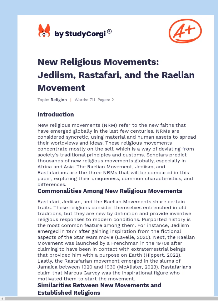 New Religious Movements: Jediism, Rastafari, and the Raelian Movement. Page 1