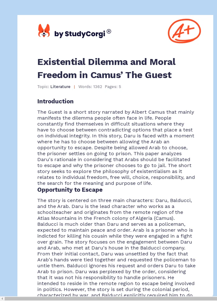 Existential Dilemma and Moral Freedom in Camus’ The Guest. Page 1