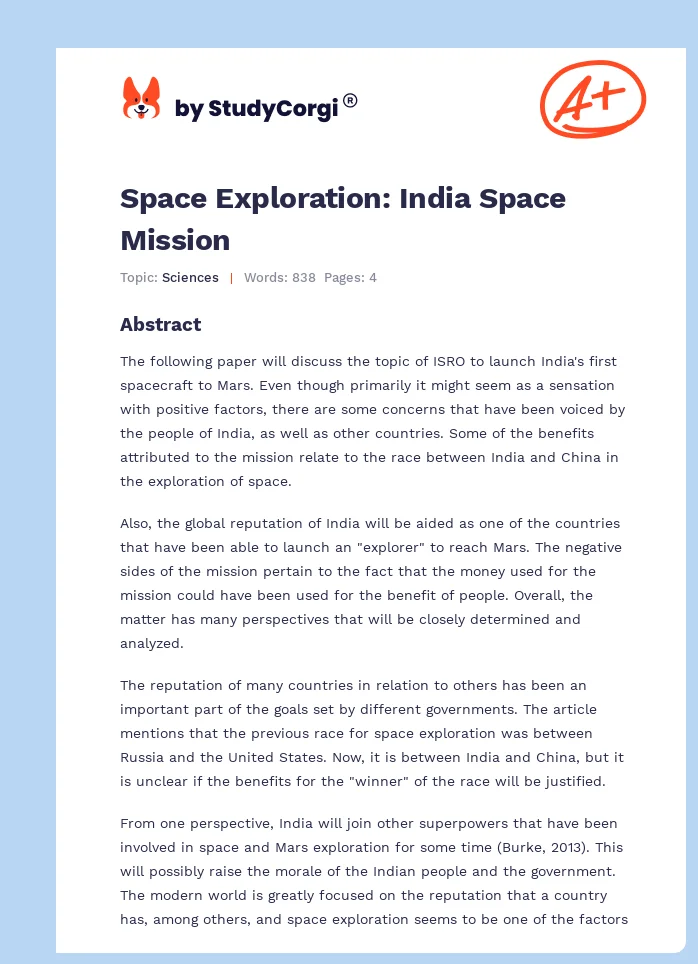 Space Exploration: India Space Mission. Page 1