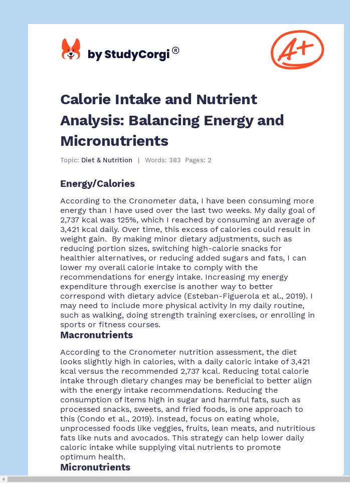 Calorie Intake and Nutrient Analysis: Balancing Energy and Micronutrients. Page 1