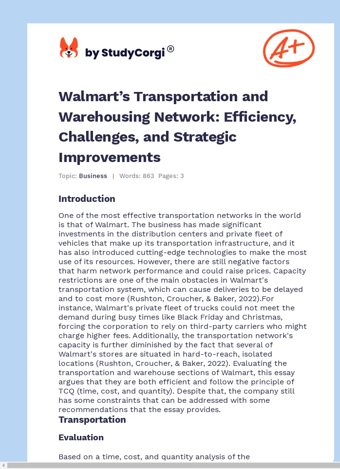 Walmart’s Transportation and Warehousing Network: Efficiency, Challenges, and Strategic Improvements. Page 1