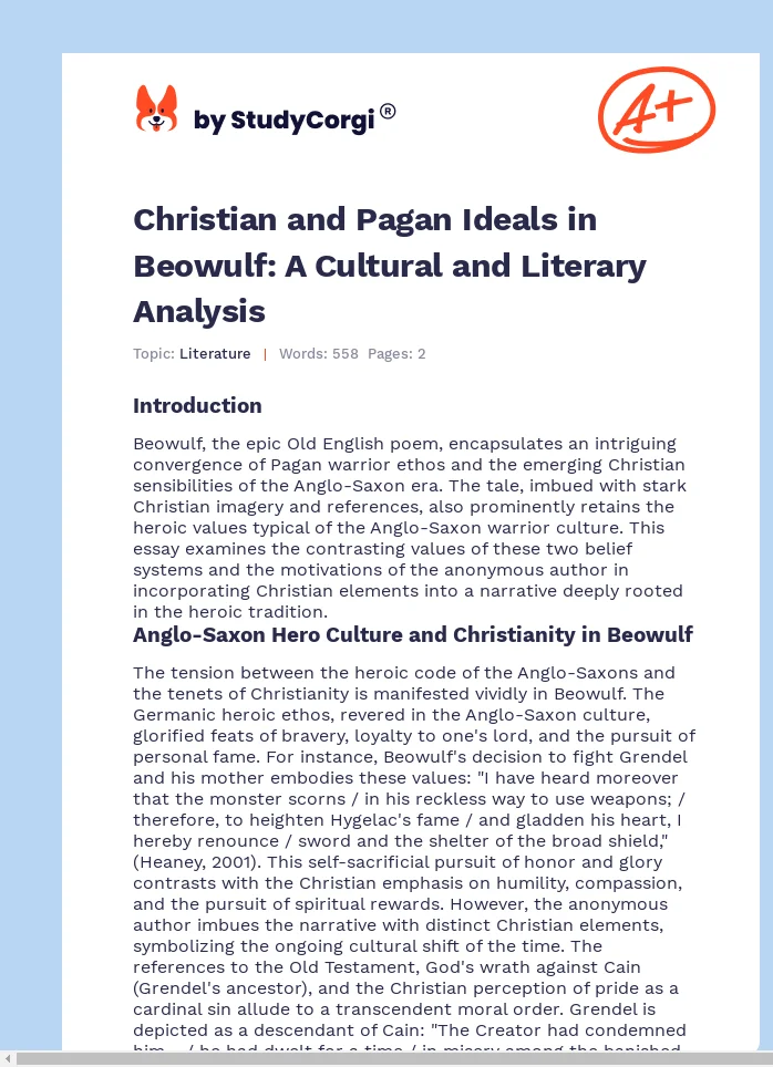 Christian and Pagan Ideals in Beowulf: A Cultural and Literary Analysis. Page 1