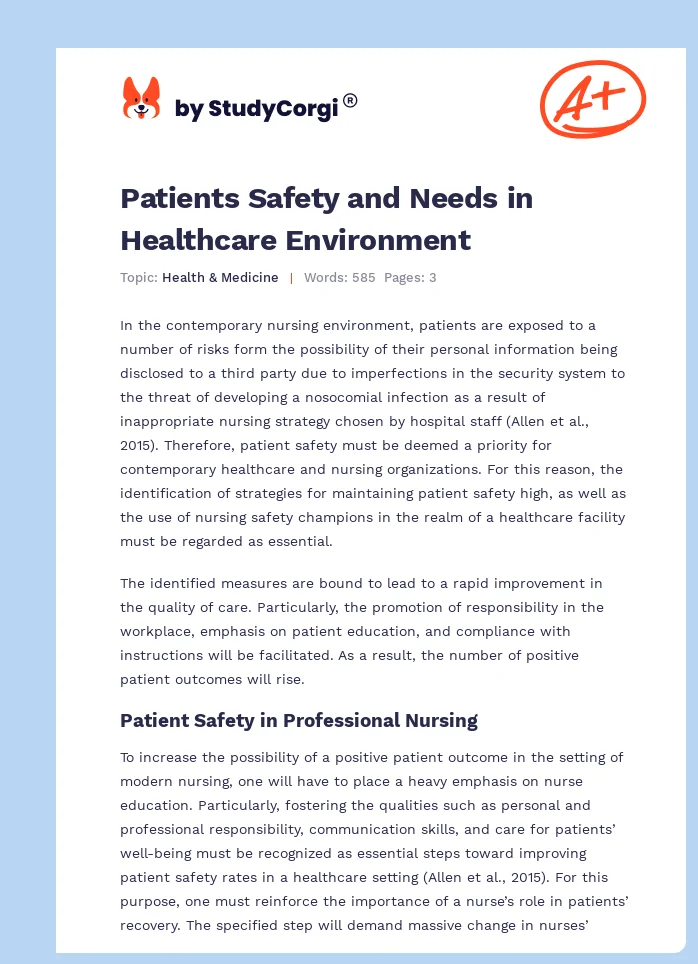 Patients Safety and Needs in Healthcare Environment. Page 1