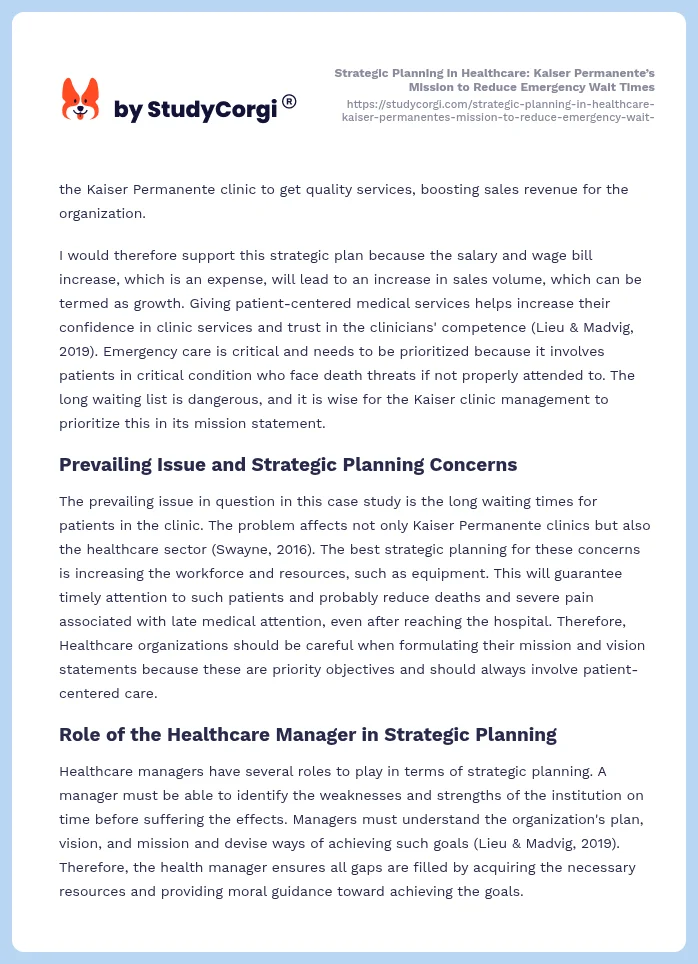 Strategic Planning in Healthcare: Kaiser Permanente’s Mission to Reduce Emergency Wait Times. Page 2
