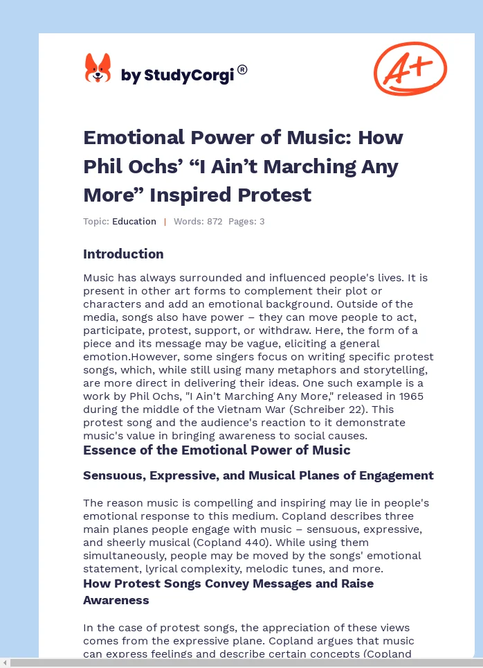 Emotional Power of Music: How Phil Ochs’ “I Ain’t Marching Any More” Inspired Protest. Page 1
