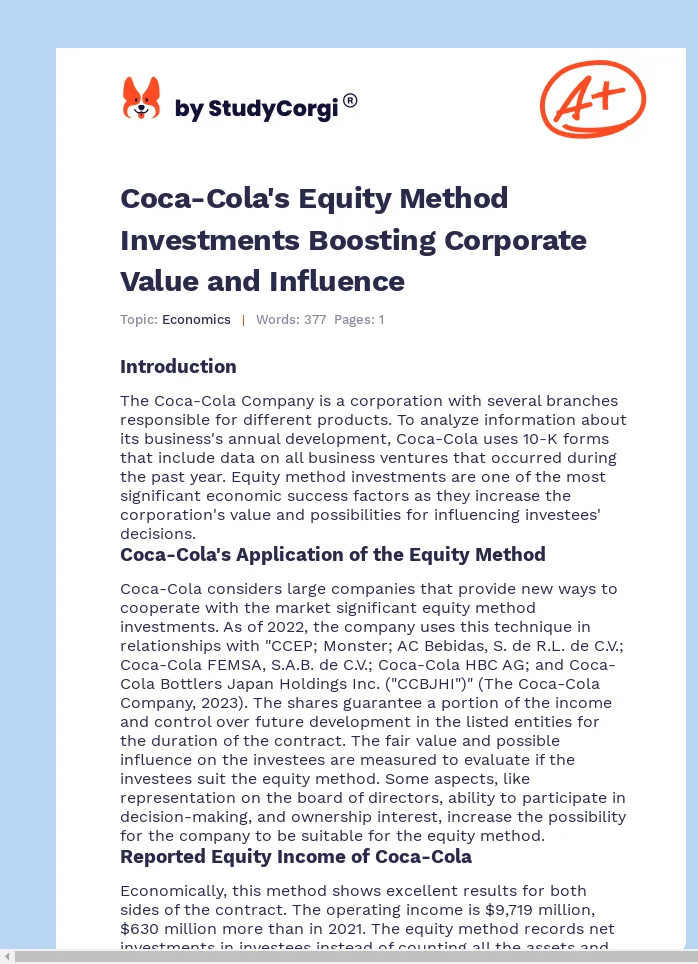 Coca-Cola's Equity Method Investments Boosting Corporate Value and Influence. Page 1