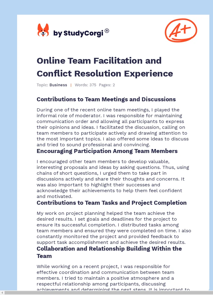 Online Team Facilitation and Conflict Resolution Experience. Page 1