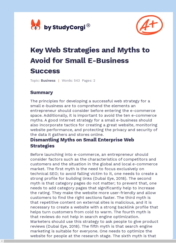 Key Web Strategies and Myths to Avoid for Small E-Business Success. Page 1